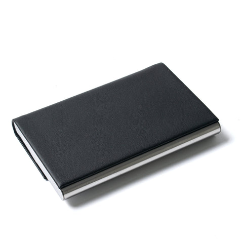 Men's Black Leather Mini Metal Business Card Holder