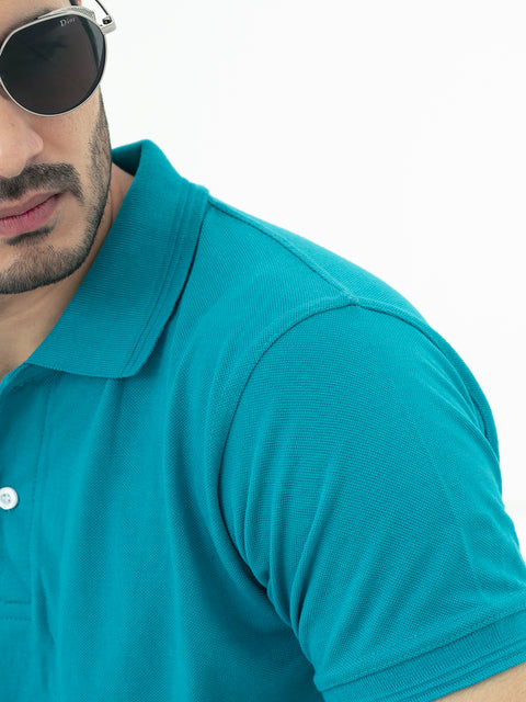 Sea Green Pique Polo Shirt For Men