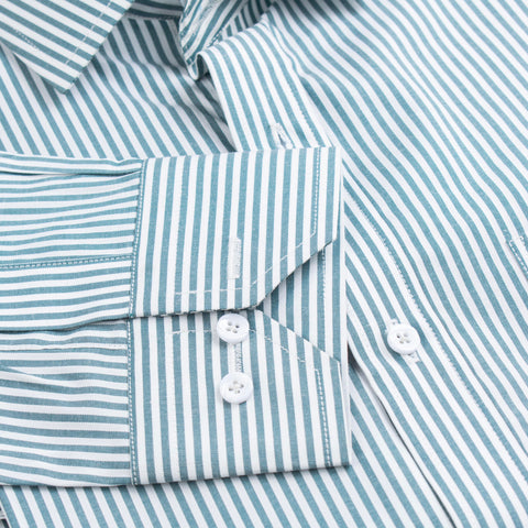 White Thick Green Striped Formal Shirt