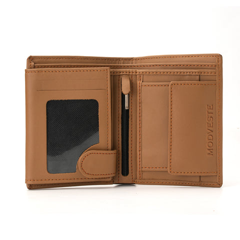 Men's Light Brown Leather Tri-Fold Wallet With Coin Pocket