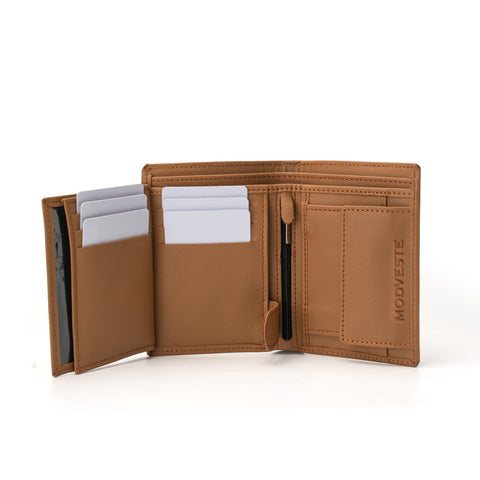 Men's Light Brown Leather Tri-Fold Wallet With Coin Pocket