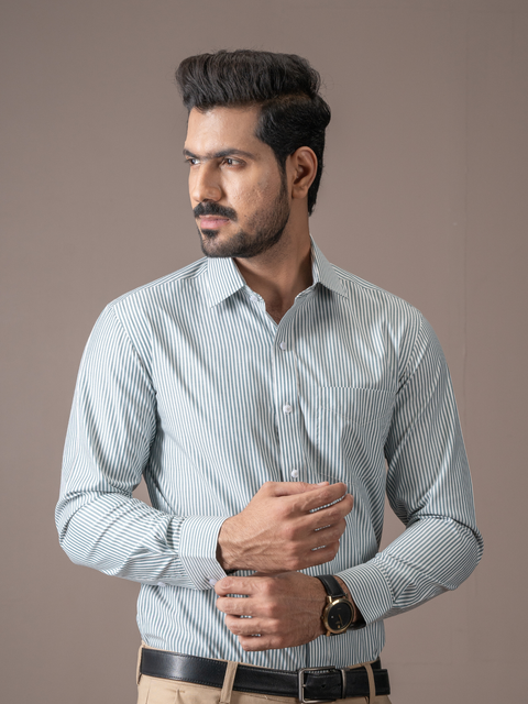White Thick Green Striped Formal Shirt