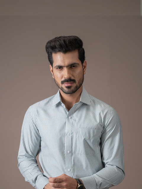 White Thick Green Striped Formal Shirt