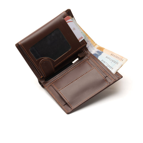 Men's Chocolate Brown Tri-Fold Leather Wallet With Internal Snap