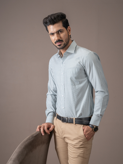 White Thick Green Striped Formal Shirt