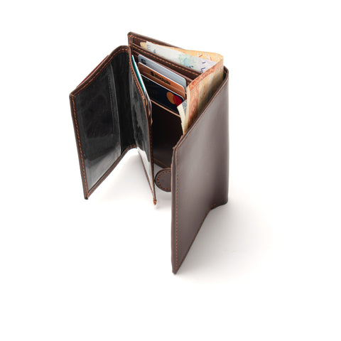 Men's Chocolate Brown Tri-Fold Leather Wallet With Internal Snap