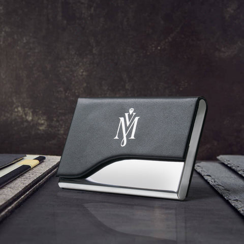 Men's Black Leather Mini Metal Business Card Holder