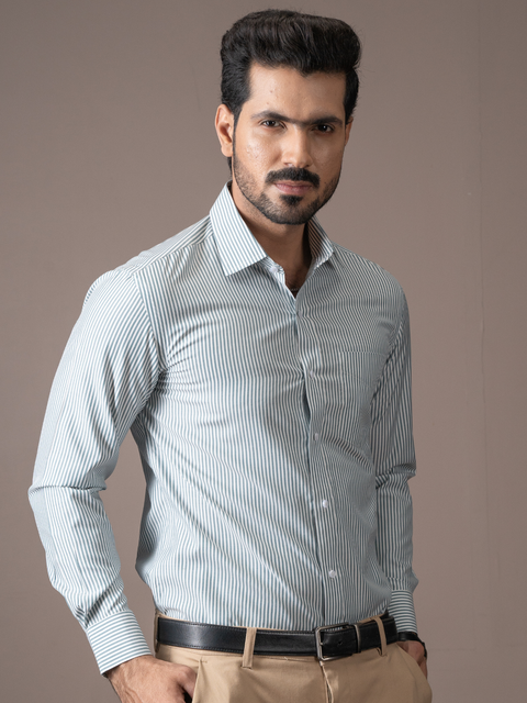 White Thick Green Striped Formal Shirt