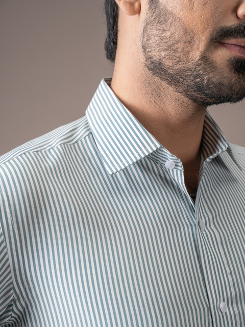 White Thick Green Striped Formal Shirt