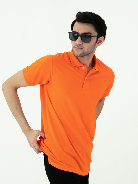 Orange Basic Cotton Polo Shirt For Men